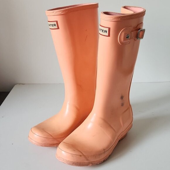 HUNTER | Tall Rain Boots Salmon Pink Orange Girls Sz 4 - Picture 2 of 6